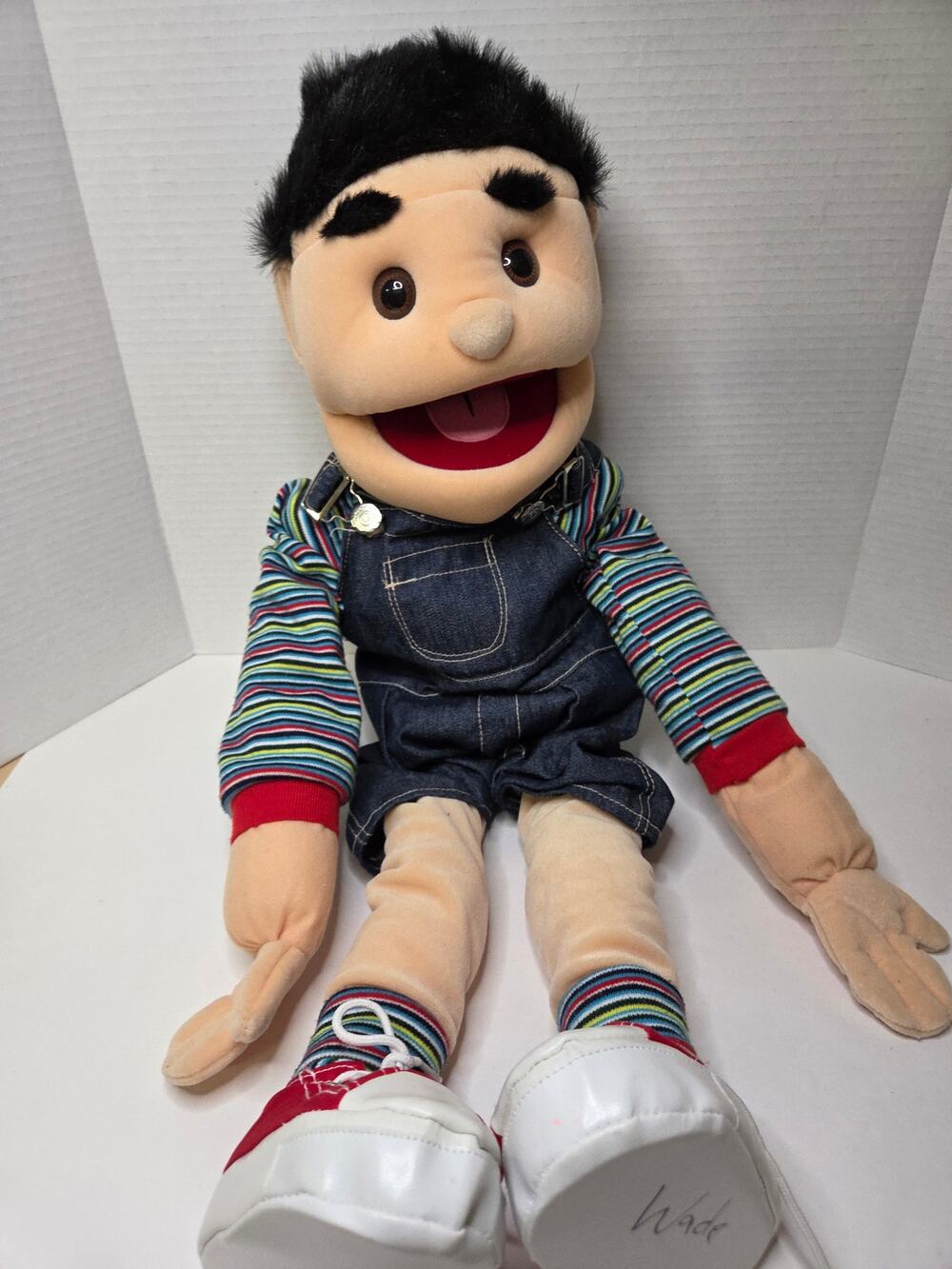 Sunny & Co Toys Vintage 2005 Character Hand Puppet Denim Overalls Striped Shirt